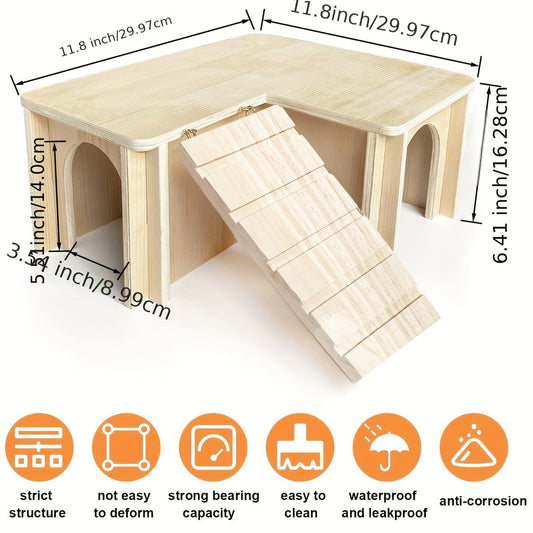 Guinea Pig Hideout House – Wooden Castle with Multiple Chambers & Ladder, Small Animal Habitat Accessory for Hamster, Chinchilla, Dwarf Rabbit, Hedgehog