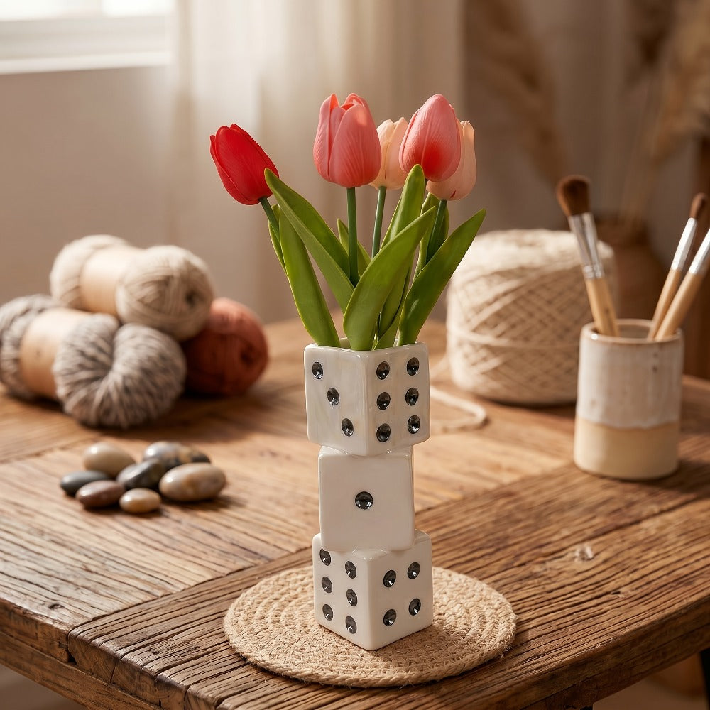 Ceramic Dice-Shaped Decorative Vase in White with Stacked Cube Form and Pips for Dried Flower Displays