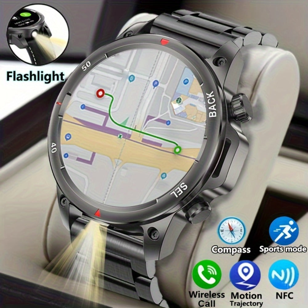 GPS NFC Smartwatch for Men – AI Voice Calling, 360×360 HD Screen, Built-in Compass, Motion Trajectory, Heart Rate Sleep Fitness Tracker – Outdoor Sports Watch Black Silver Steel