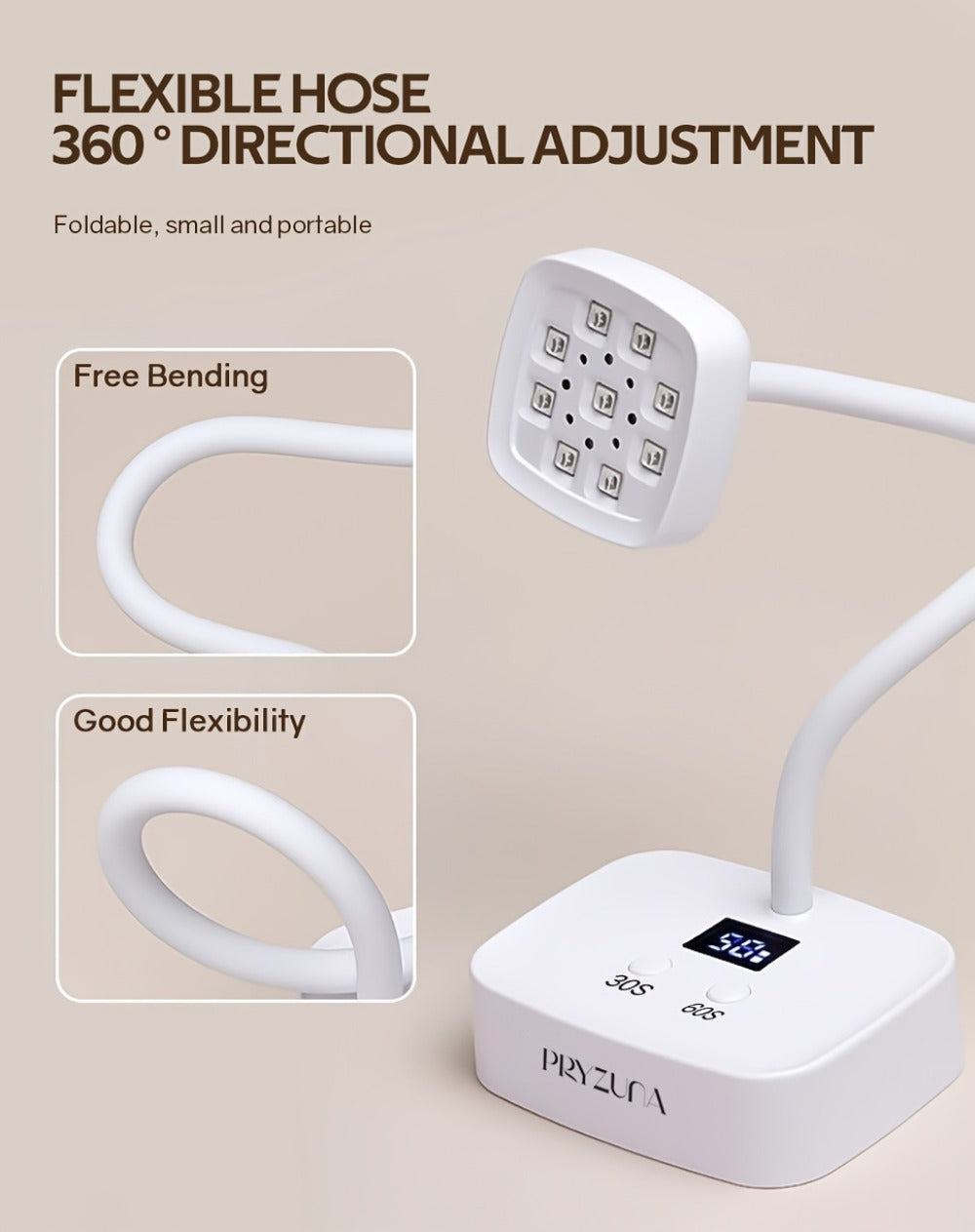 Gooseneck Stand LED Nail Lamp with Nine Dual-Light Beads, LCD Base, Two Timers and Type-C Charging