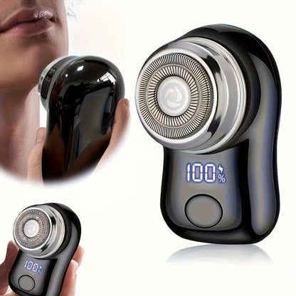 Compact Black Dual-Ring Rotary Electric Razor with Digital Battery Display, USB Cable and Travel-Size Body