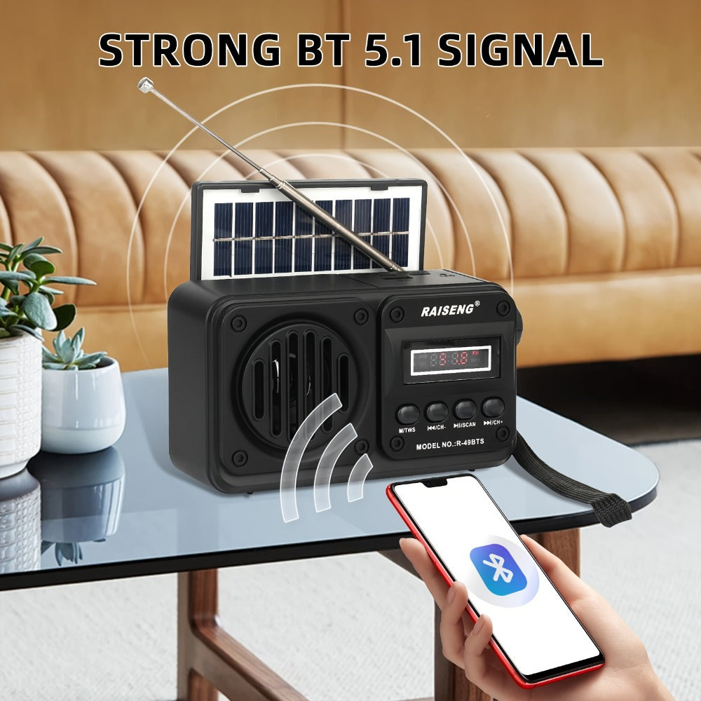 Retro FM Radio Speaker with Solar Panel, Bluetooth, USB and TF Card Playback in Black or Brown