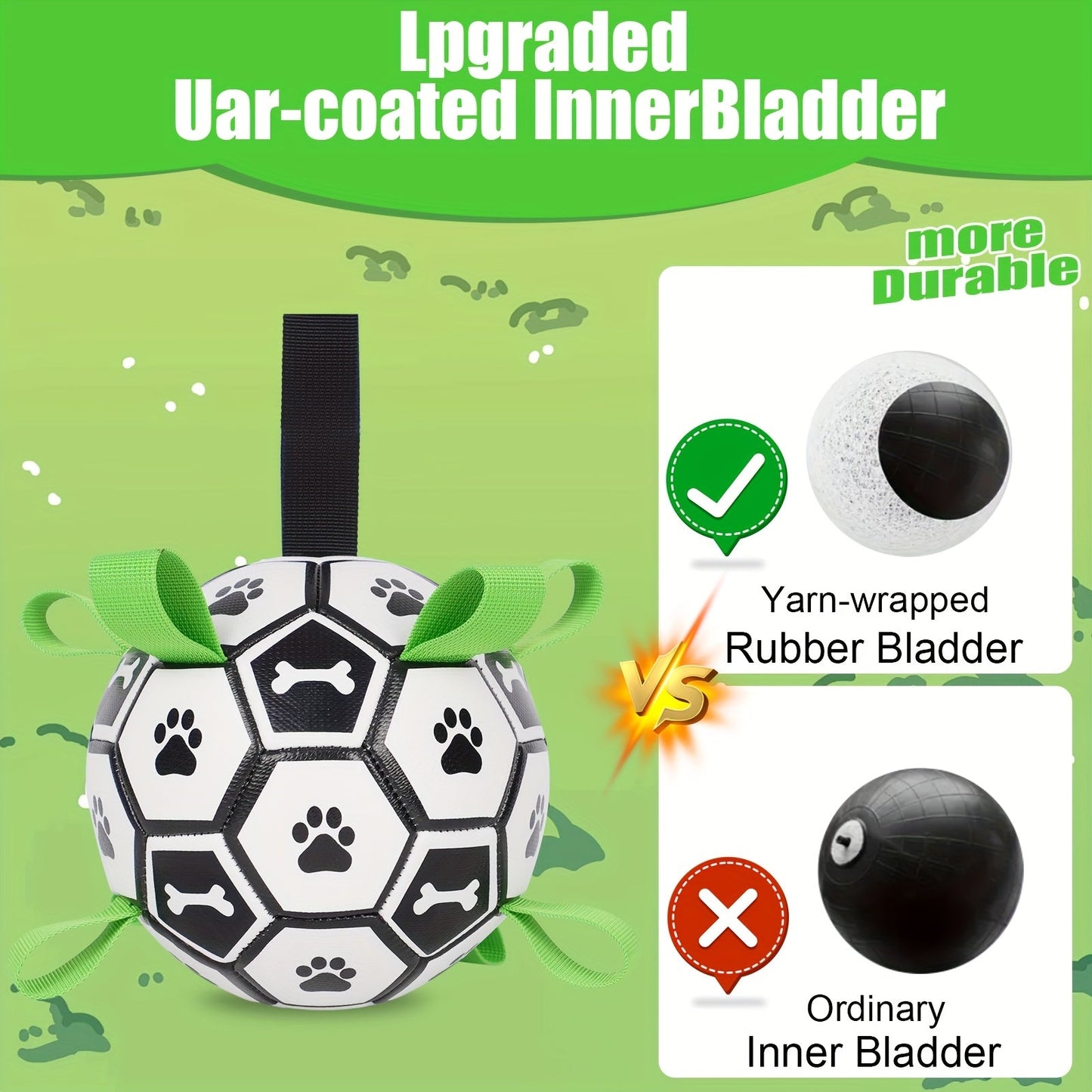 Dog Toy Soccer Ball with Grip Straps in 6 or 7.25-Inch Sizes for Tug, Fetch and Water Play