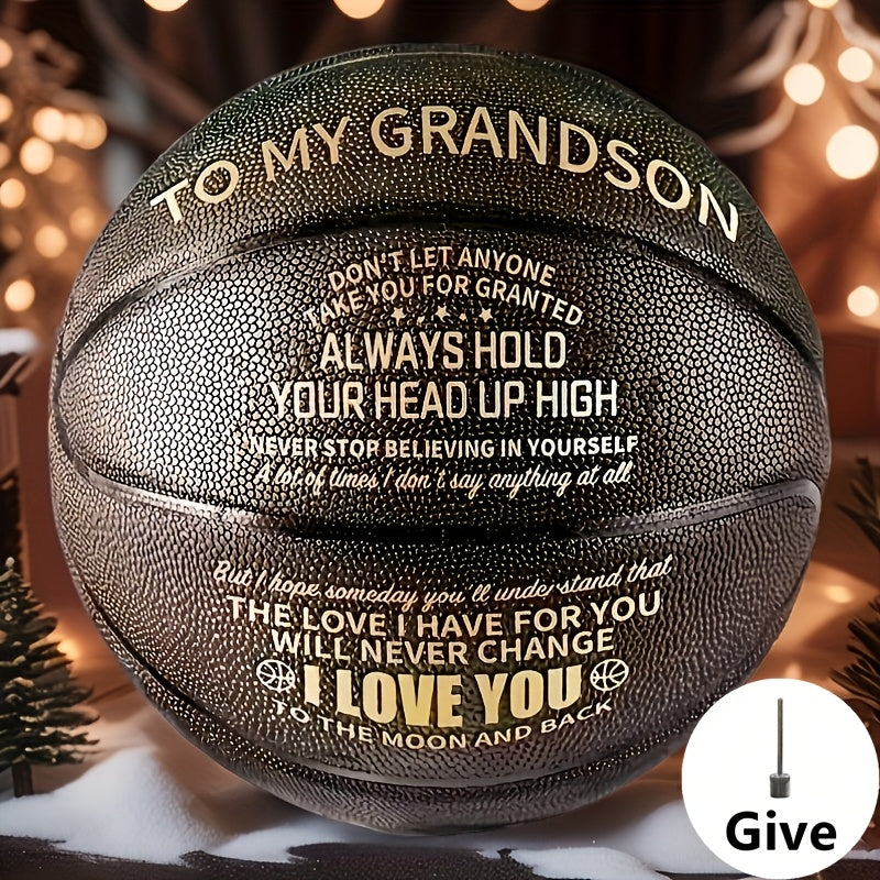 Message Basketball Gift for Son or Grandson with Eight Printed Design Options and Inflation Pump