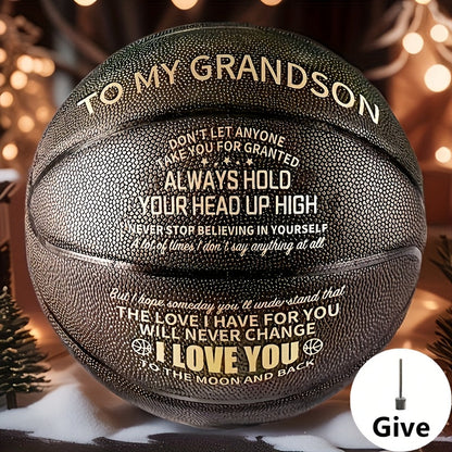 Message Basketball Gift for Son or Grandson with Eight Printed Design Options and Inflation Pump