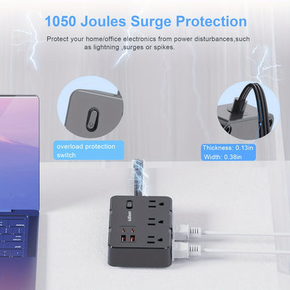 Flat Plug Extension Cord Surge Protector 10-in-1 with 6 AC Outlets 2 USB-C 2 USB-A Ports 5ft Ultra Thin Power Strip 5V/3.1A Wall Mount Charging Station for Home Office Dorm – Black & White