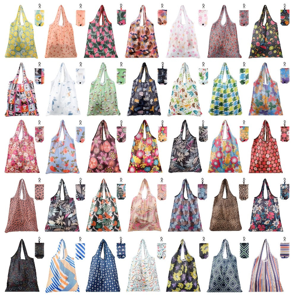Foldable Reusable Shopping Bag Set with Assorted Printed Designs in 18- or 36-Piece Pack Options