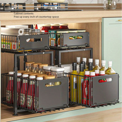 Under Sink Organizer 2-Tier Slide Out – Heavy Duty Metal Cabinet Shelf, Adjustable Space-Saving Storage Rack for Kitchen & Bathroom Cabinets, Pull Out Drawer Organizer