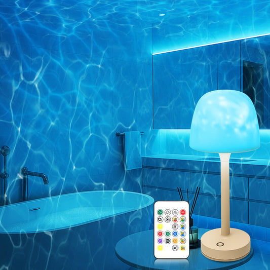 Ocean Wave LED Projector Lamp – 16 Color Rechargeable Cordless Night Light with Remote, Water Ripple Atmosphere Lamp for Bathroom Bedroom, Portable Table Lamp, RGB & Wood Base Options