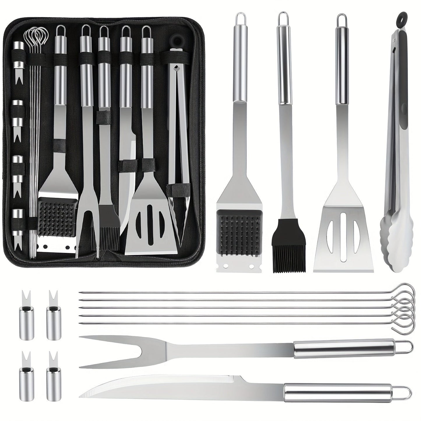 BBQ Grill Tool Kit with 24-Piece Cased Set or 15-Piece Utensil Set for Camping and Backyard Cooking
