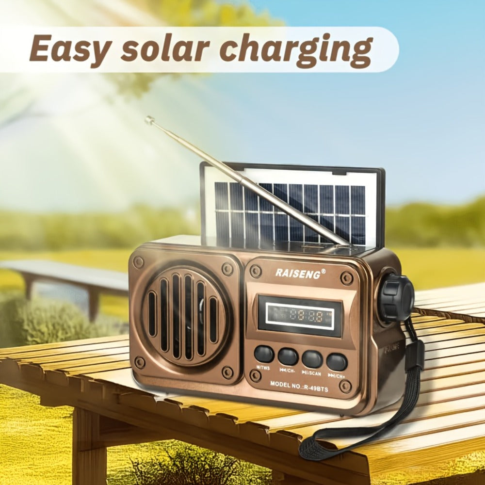Retro FM Radio Speaker with Solar Panel, Bluetooth, USB and TF Card Playback in Black or Brown