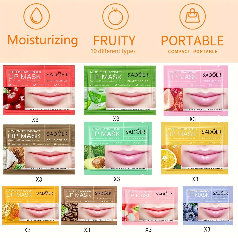 Thirty Individually Wrapped SADOER Lip Mask Sachets with 8g*30pcs Checkout Label and Assorted Graphics