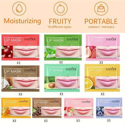 Thirty Individually Wrapped SADOER Lip Mask Sachets with 8g*30pcs Checkout Label and Assorted Graphics