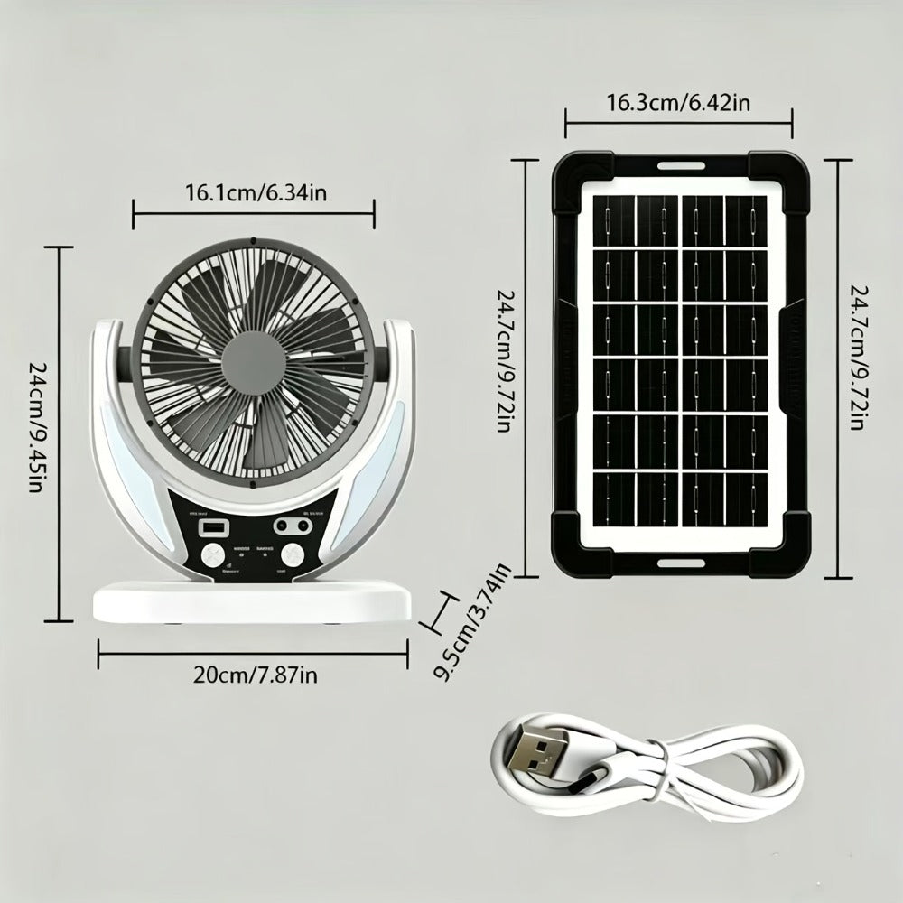 Solar Desk Fan with Adjustable Stand, Separate Panel, USB Input, Phone Output and 1-Piece Package