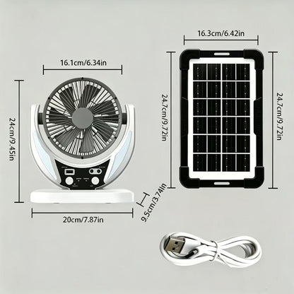 Solar Desk Fan with Adjustable Stand, Separate Panel, USB Input, Phone Output and 1-Piece Package