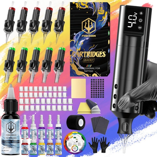 Wireless Tattoo Machine Kit Complete - POSEIDON V5 Rotary Pen with LCD Screen 1500mAh Battery 6H Runtime 10 Needles 11 Ink Bottles Full Tattoo Supplies for Beginners & Professional Artists
