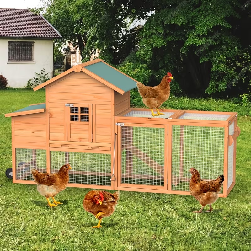 Chicken Coop on Wheels with Nesting Box & Removable Tray | Portable Wooden Hen House for 3-4 Hens with Expandable Run, Wood or Sunshine Board Roof