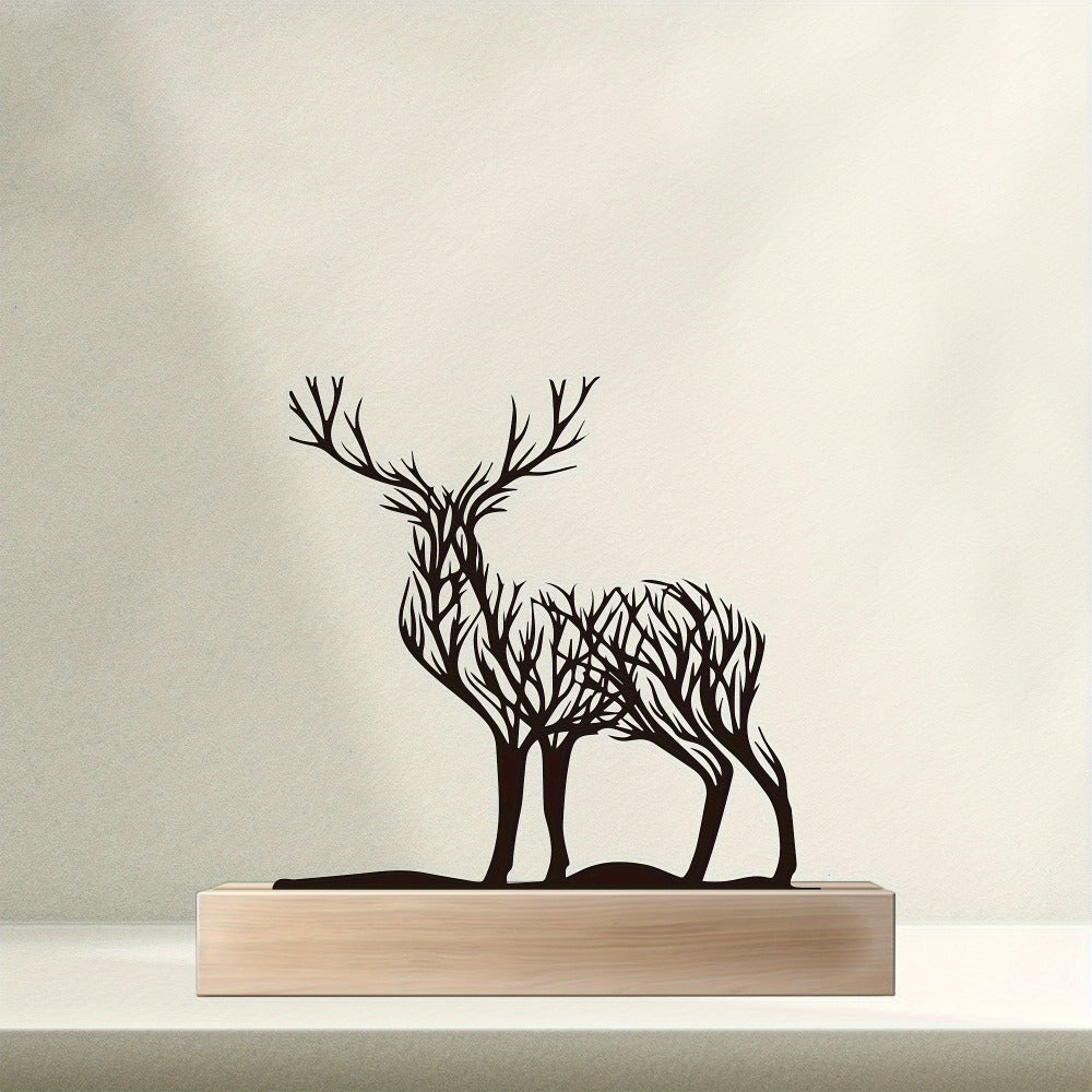 Tabletop Deer Branches Decoration with Wood Base - Iron Metal Antler Desk Sculpture for Living Room Bookshelf TV Cabinet Wine Cabinet Office Desk, Halloween Christmas New Year Home Decor Gift