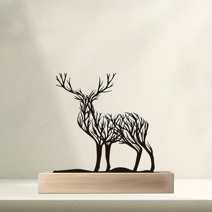 Tabletop Deer Branches Decoration with Wood Base - Iron Metal Antler Desk Sculpture for Living Room Bookshelf TV Cabinet Wine Cabinet Office Desk, Halloween Christmas New Year Home Decor Gift