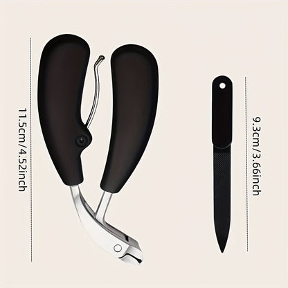 Wide-Jaw Nail Clipper and File Set, Two-Piece Black-Handle Kit with Curved Concave Edge and Stainless-Steel-Labeled Components