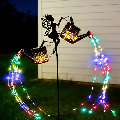 Solar Garden Lights Fairy Waterfall Statue with Multicolor String Lights and Ground-Stake Installation