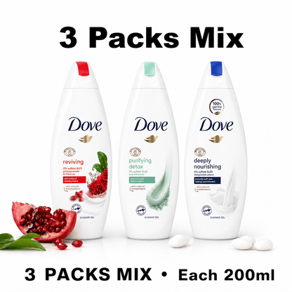 Compact Three-Pack Dove Body Wash Assortment with 200ml Flip-Cap Bottles in Mixed Label Colors