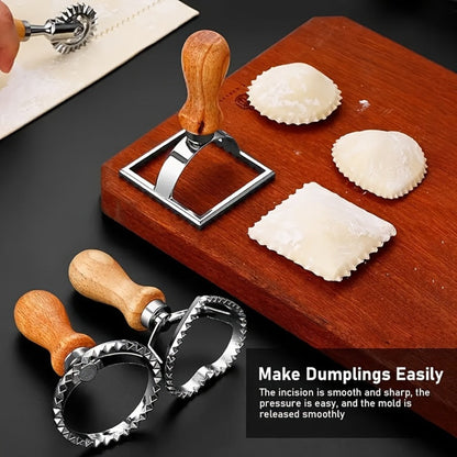 Thirteen-Piece Dumpling Maker Tool Set with Wooden Handles, Round Cutters and Folding Presses in Multiple Sizes
