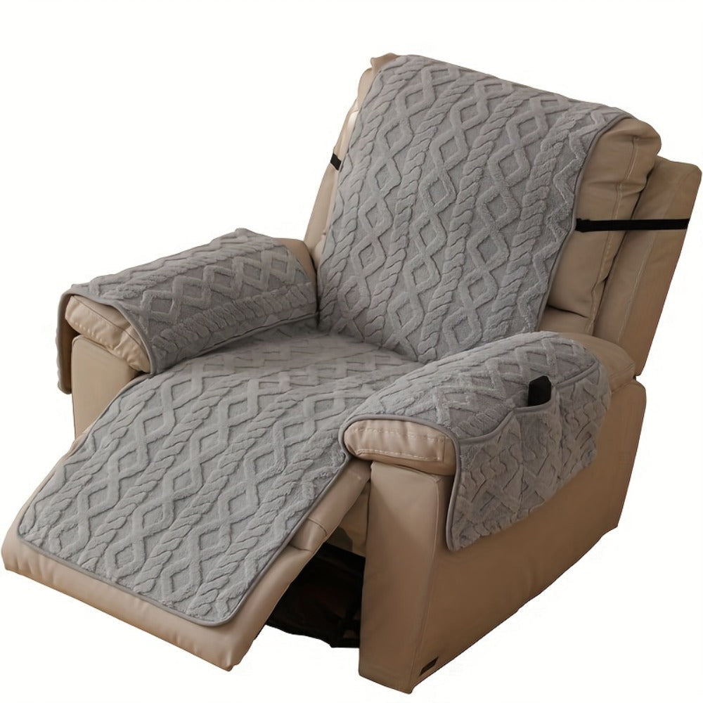 Quilted Recliner Chair Cover with Armrest Panels, Side Pocket and Elastic Straps in Three Neutral Colors
