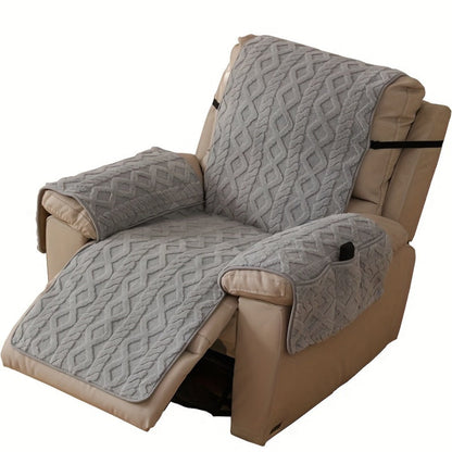 Quilted Recliner Chair Cover with Armrest Panels, Side Pocket and Elastic Straps in Three Neutral Colors