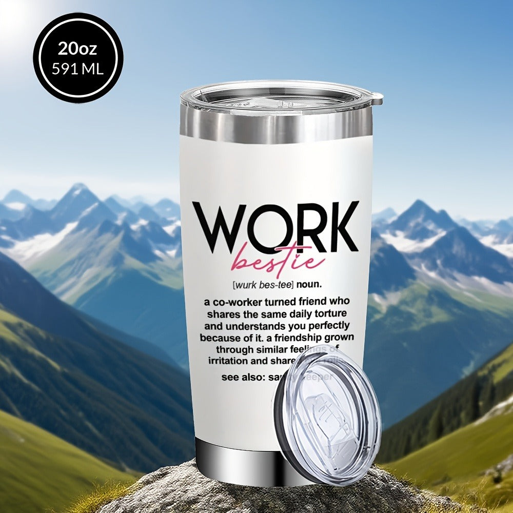Insulated Tumbler 20oz Work Bestie Graphic in White 304 Stainless Steel with Lid and Straw