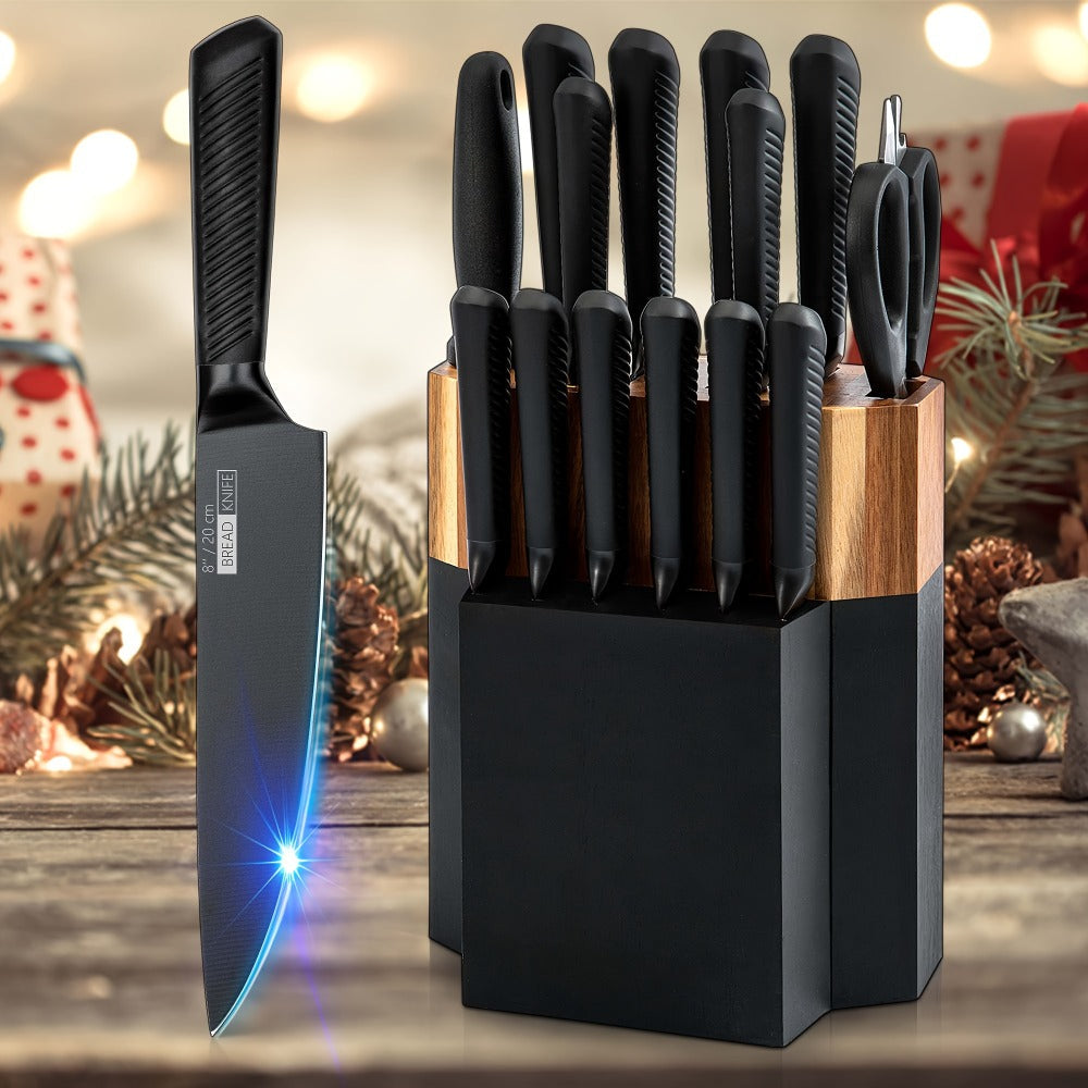 Kitchen Knife Set 15-Piece Hammered Stainless Steel with Steak Knives and Self-Sharpening Wood Block