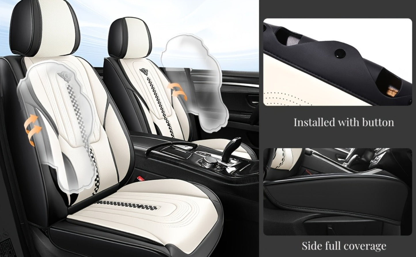 PU Leather Car Seat Cover Full Enclosure with Lumbar Support & Sponge Cushion – Two-Tone Sporty Design Universal Fit for Car Sedan Truck SUV (White-Black / Gray / Red-Black / Orange-Black)