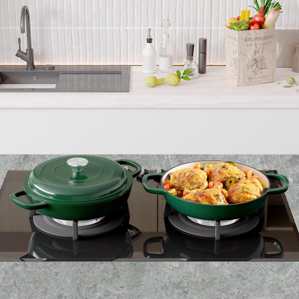 3QT Enameled Cast Iron Dutch Oven Braiser with Shallow Round Body, Fitted Lid and Three Colors