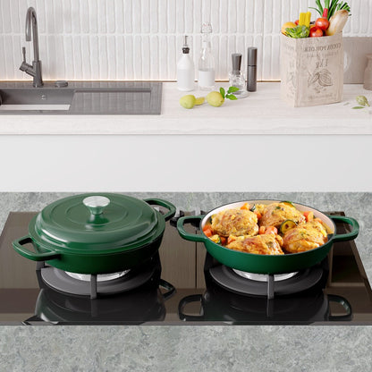 3QT Enameled Cast Iron Dutch Oven Braiser with Shallow Round Body, Fitted Lid and Three Colors