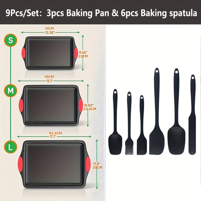 Three-Pan Gray Baking Sheet Set or Nine-Piece Kit with Six Utensils and Red Silicone Grips