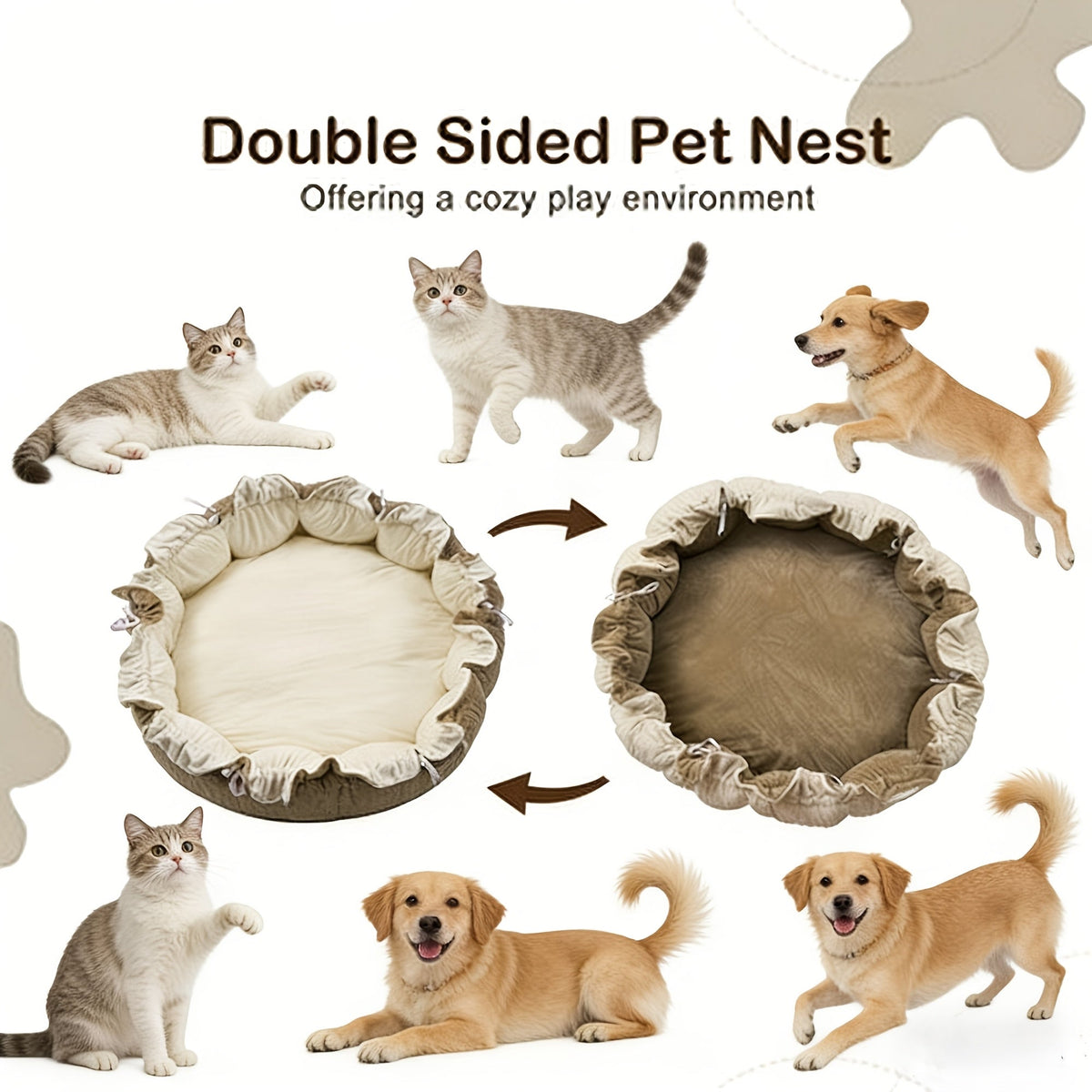 Convertible Round Pet Play Mat and Bed with Raised Sides, Removable Arches and Six Hanging Toys