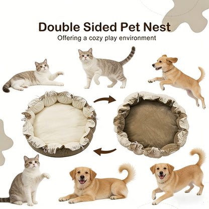 Convertible Round Pet Play Mat and Bed with Raised Sides, Removable Arches and Six Hanging Toys