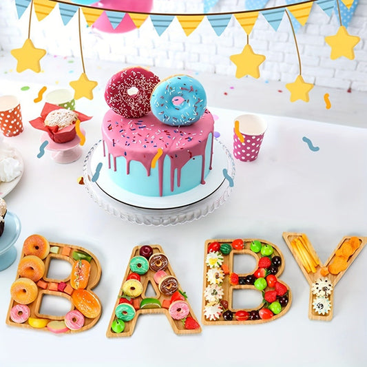 Baby Shower Charcuterie Board Set – 4-Piece BABY Letter Shaped Wooden Serving Tray, Bamboo Snack Platter for Gender Reveal, Birthday Party, Cake & Cookie Display