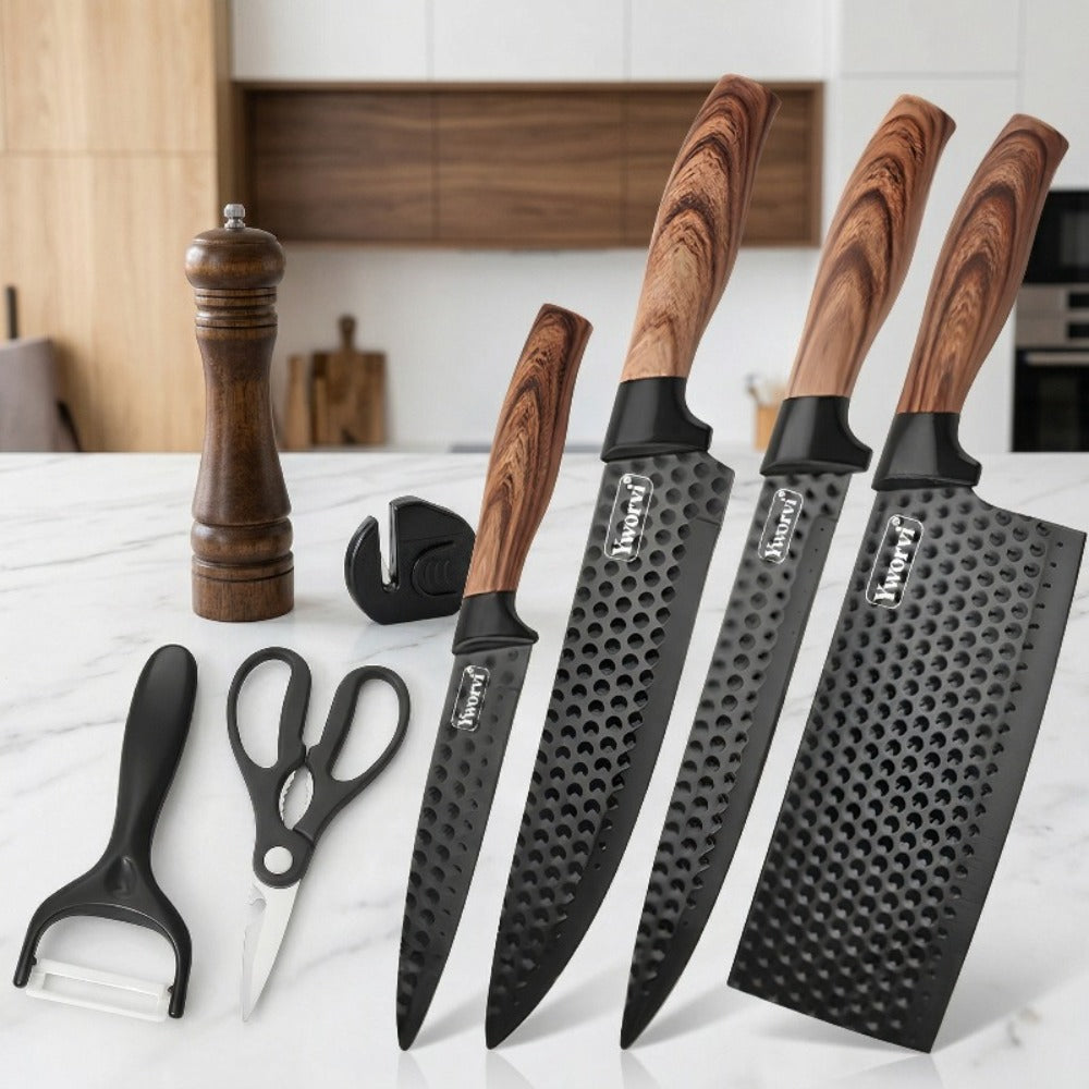 Seven-Piece Kitchen Knife Set with Four Blades, Scissors, Peeler and Sharpener, Offered in Two Styles