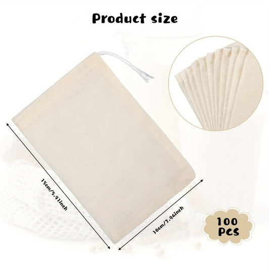 Cheesecloth Bags for Straining 100 Pack – Reusable Muslin Tea Filter Bags for Cold Brew, Milk Tea, Nut Milk & Cooking, 4x6 Inch Drawstring Cotton Bags, Food-Grade Unbleached