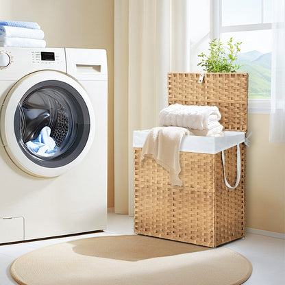 Woven Laundry Hamper with Hinged Lid, Removable Fabric Liner and Side Handles in Two Sizes and Brown or Gray