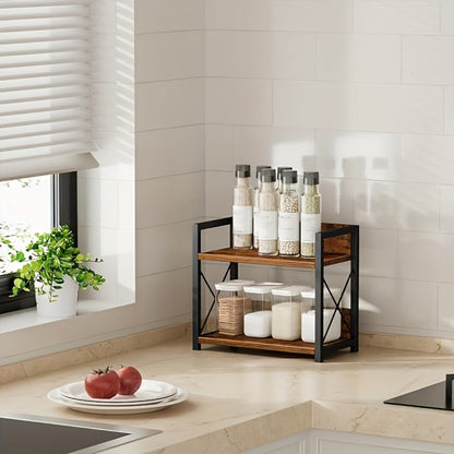 Two-Shelf Countertop Spice Rack with Wood-Look Panels, Black X-Braced Frame and Yellow Checkout