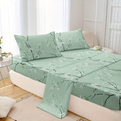 Bed Sheet Set 4-Piece Plum Blossom Floral Polyester with 15-Inch Pocket and Four Color Options