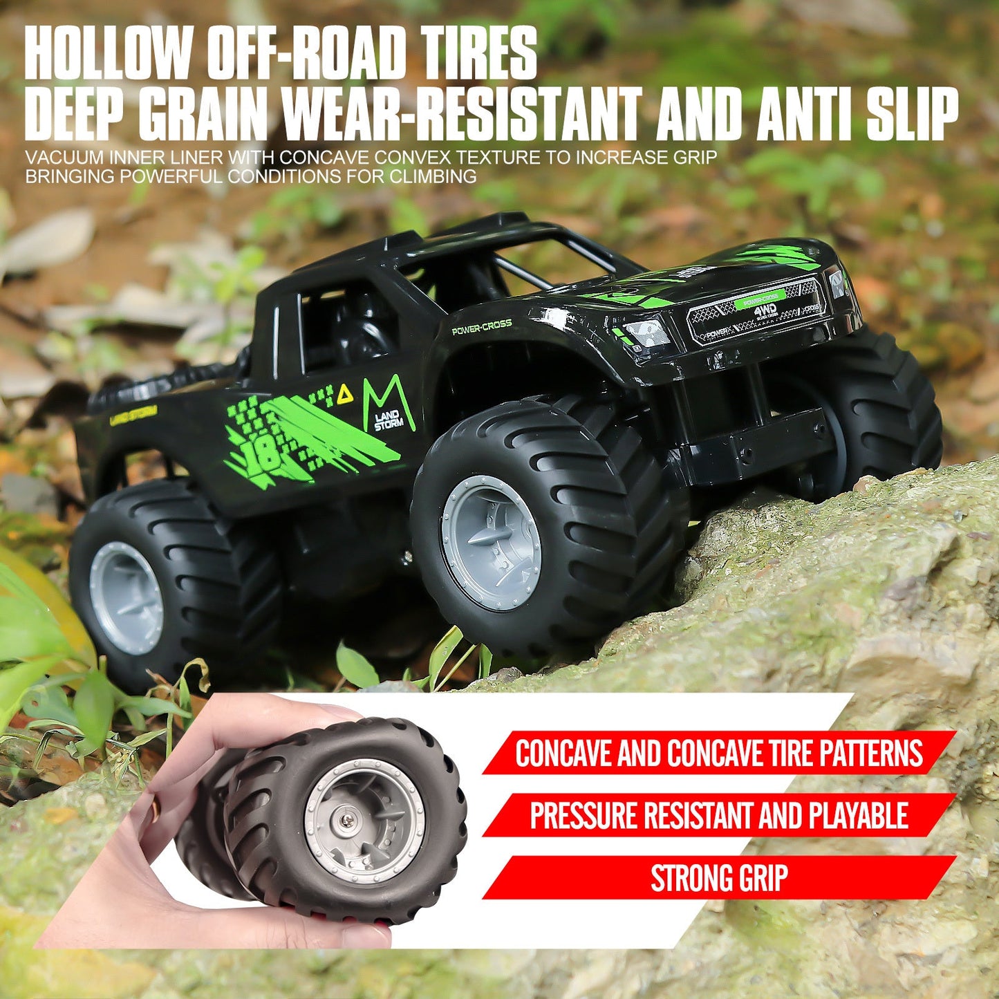 RC Monster Truck or Pickup 1:16 Scale in Five Body and Color Styles with 4WD Layout and Two Rechargeable Batteries