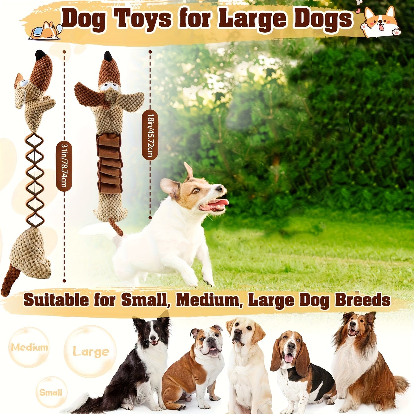 Dog Toy Stretchable Plush Tug with Built-In Squeaker, Crinkle Paper and 15.7 to 19.7-Inch Length