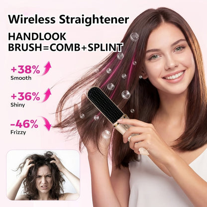 Cordless Hair Straightener Brush with USB-C Charging, Three Temperature Settings and Pink or Beige Finish