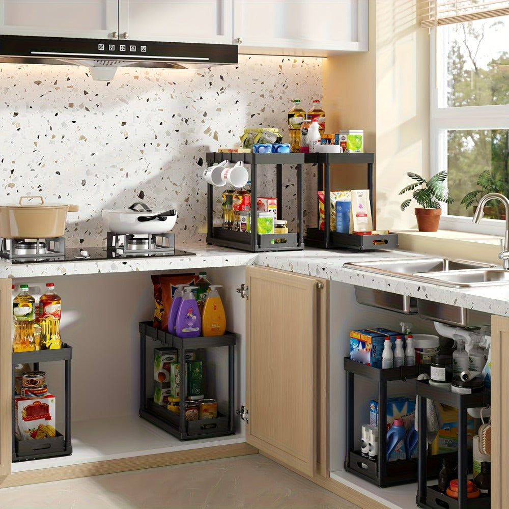 Under Sink Organizer 2pcs Double Tier Sliding Storage Basket with 8 Hooks – Kitchen Bathroom Cabinet Rack Shelf