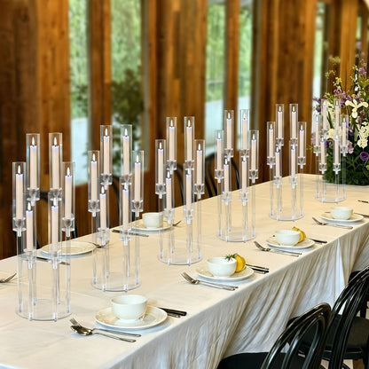Clear Acrylic Six-Arm Candelabra with 68cm Height, 22cm Round Base and 2-, 4-, 10-, 12- or 20-Piece Options