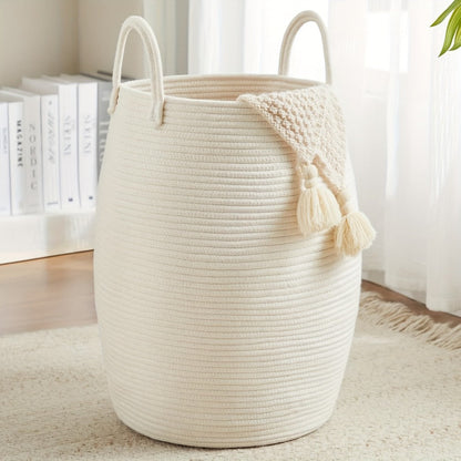 Tall Bohemian Rope Laundry Hamper with Extended Handles, Tassel Detail and Exact Black-and-Brown Option