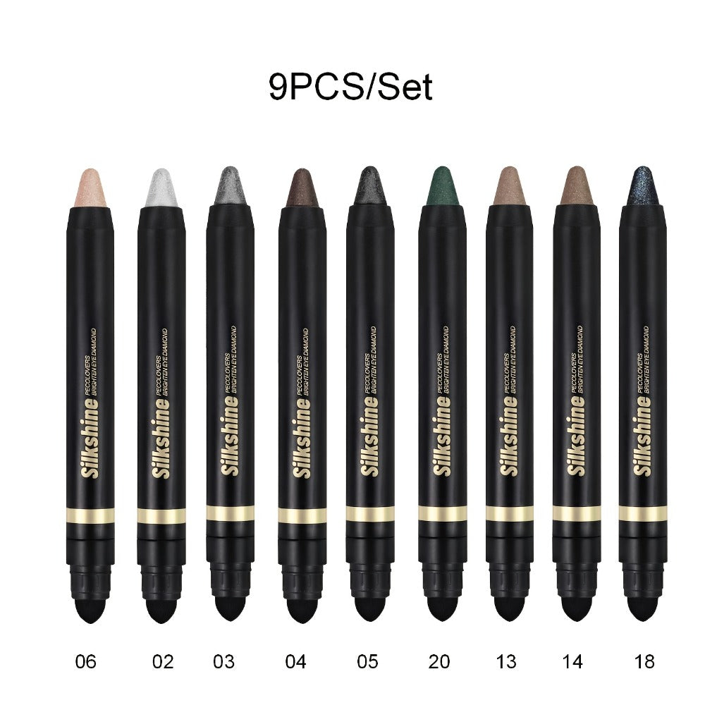 Nine-Piece Metallic Eyeshadow Stick Set with Brush in the Exact 9pcs Checkout Configuration